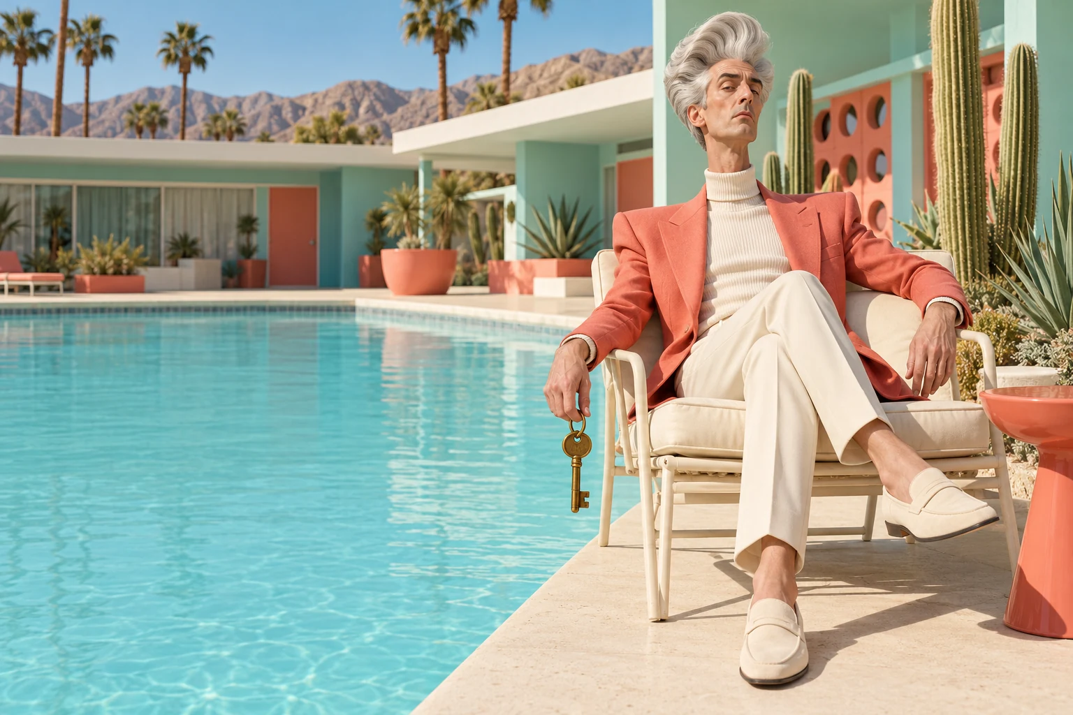 Rody Moody, a tall clean-shaven man with an enormous sweep of silver hair, a coral jacket and cream trousers, lounging in a poolside chair with a brass key dangling from his fingers beside his turquoise motel pool.