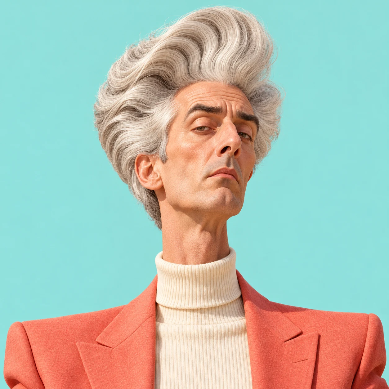 Rody Moody square token portrait, with a long neck, silver hair and coral jacket against a flat turquoise background.